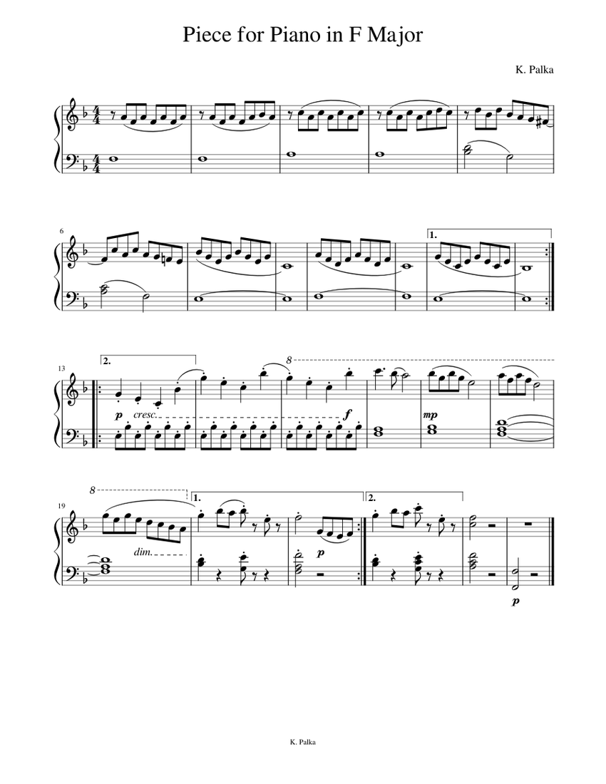 Piece for Piano in F Major Sheet Music for Piano (Solo) easy ...