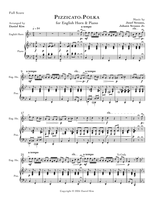 Pizzicato-Polka (English Horn & Piano) (Arr. Daniel Kim) - Johann Strauss Jr, Josef Strauss (English Horn and Piano)