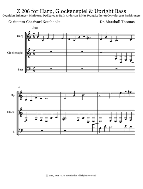Z 206 for Harp, Glockenspiel & Upright Bass - Celebrity Chamber Players (Small Ensemble)