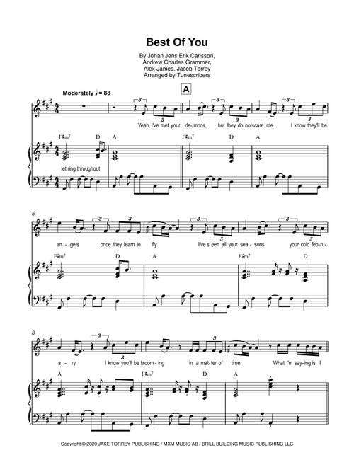 Best Of You (Arr. Tunescribers) - Jacob Torrey, Alex James, Johan Jens Erik Carlsson (Piano Vocal)