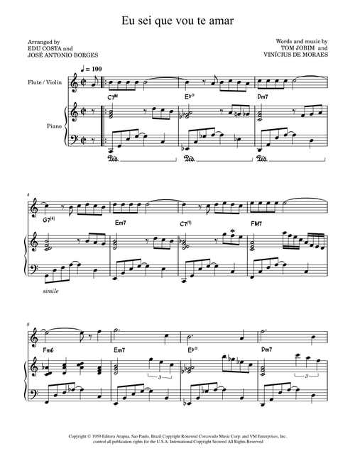 Eu Sei Que Vou Te Amar (Arr. Edu Costa) - Antonio Carlos Jobim, Vinicius de Moraes (Instrumental Duet and Piano)