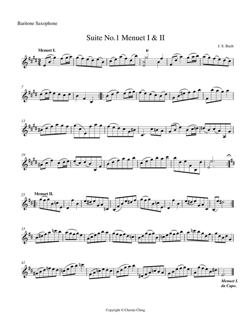 J.S. Bach - Cello Suite No.1 in G major, BWV 1007 - V & VI. Menuett I II arranged for Baritone Saxop (Arr. Chemie Ching) - Johann Sebastian Bach (Baritone Sax Solo)