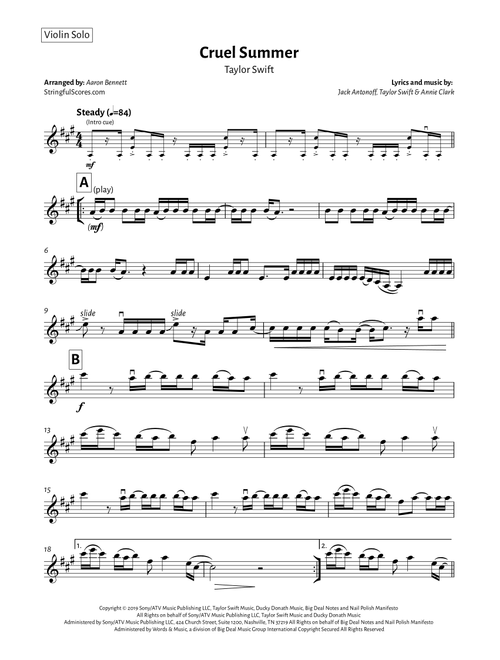 Cruel Summer (Arr. Aaron Bennett) - Taylor Swift (Violin Solo)