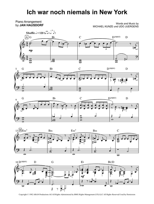Ich War Noch Niemals In New York (Arr. Jan Hausdorf) - Michael Kunze, Udo Juergens (Piano Solo)