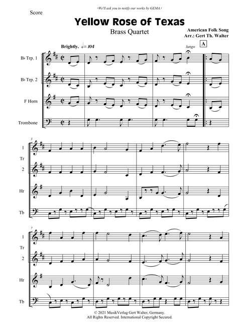 Yellow Rose of Texas (Arr. Gert Th. Walter) - American Folk Song (Brass Ensemble)