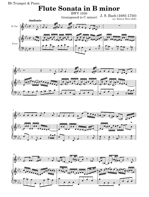 Flute Sonata in B minor, BWV 1030 – Johann Sebastian Bach (arr. for Bb Trumpet & Piano in C Minor)