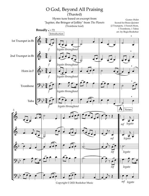 O God, Beyond All Praising (Thaxted) (Bb) (Brass Quintet - 2 Trp, 1 Hrn, 1 Trb, 1 Tuba) (Trombone le (Arr. Regis Bookshar) - Gustav Holst (Brass Ensemble)