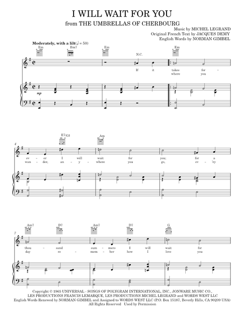 I Will Wait For You - Michel LeGrand, Norman Gimbel (Piano-Vocal-Guitar)
