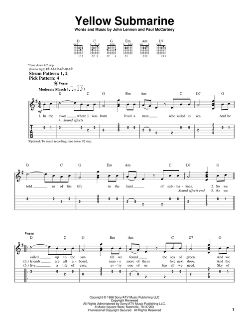 Yellow Submarine - The Beatles (Easy Guitar with TAB)