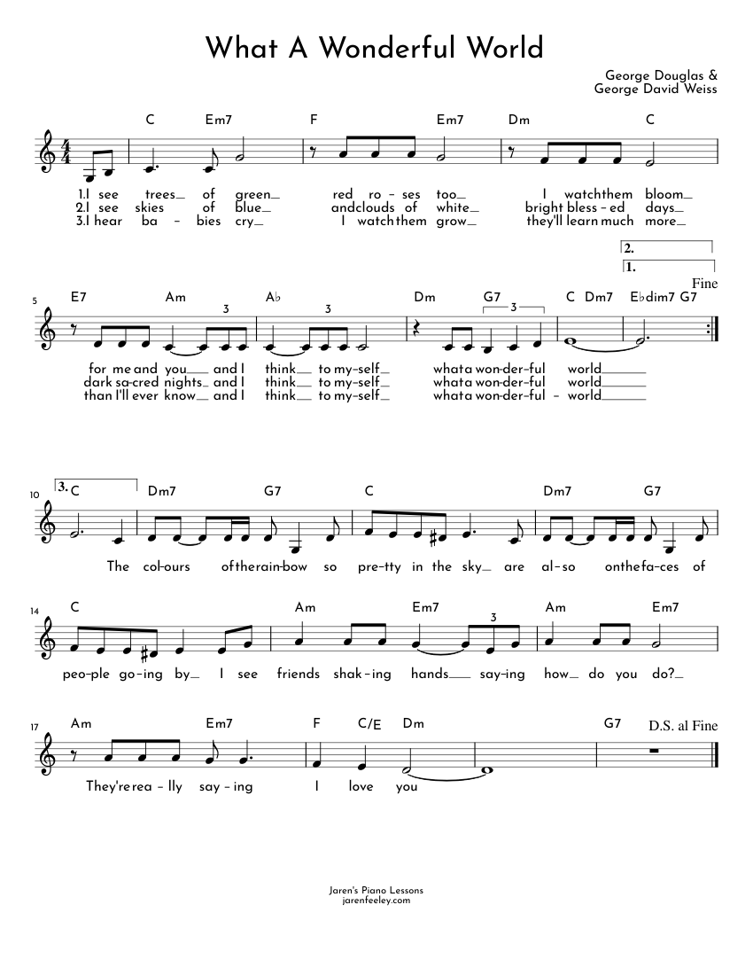 What A Wonderful World (C) Sheet Music with Chords for Piano (Solo