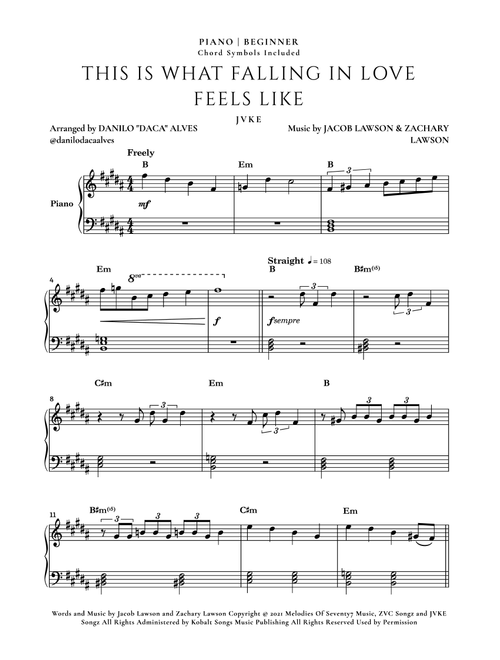 This Is What Falling In Love Feels Like (Arr. Danilo "Daca" Alves) - Jvke (Easy Piano)