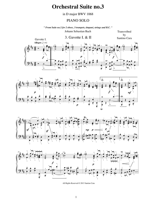 J.S.Bach - Orchestral Suite no.3 in D major BWV 1068 - 3. Gavotte - Piano version (Arr. Santino Cara) - Bach Johann Sebastian (Piano Solo)