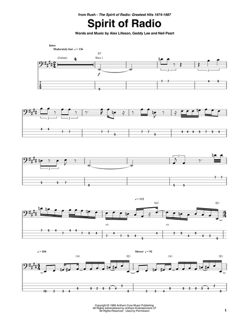 Spirit Of Radio - Rush (Bass Tab)