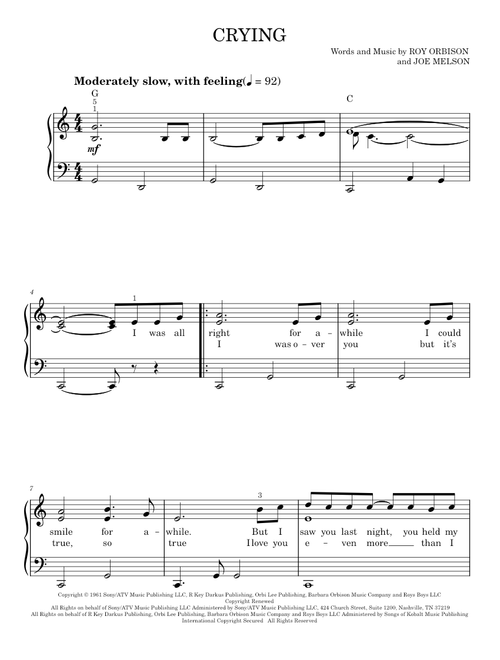 Crying - Don McLean, Roy Orbison (Easy Piano)