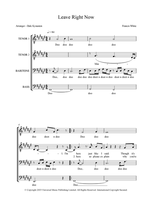 Leave Right Now (Arr. Composer Francis (Eg) White, Arrangement Dale Kynaston) - Will Young (Choral, TTBB)