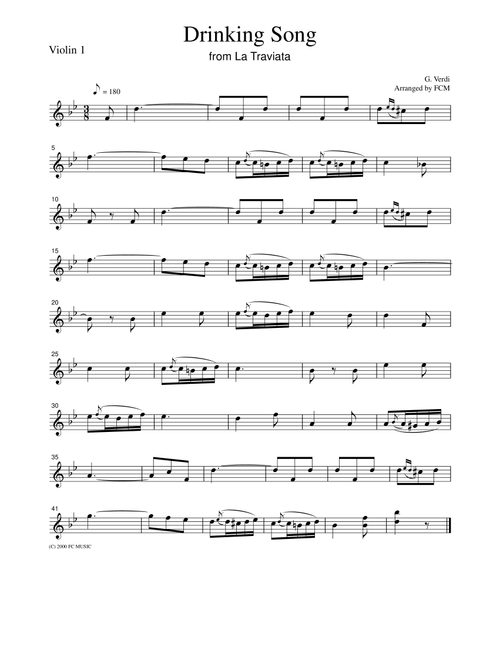 Verdi  Drinking Song from La Traviata, for string quartet, CV001 (Arr. FCMUSIC) (String Quartet)