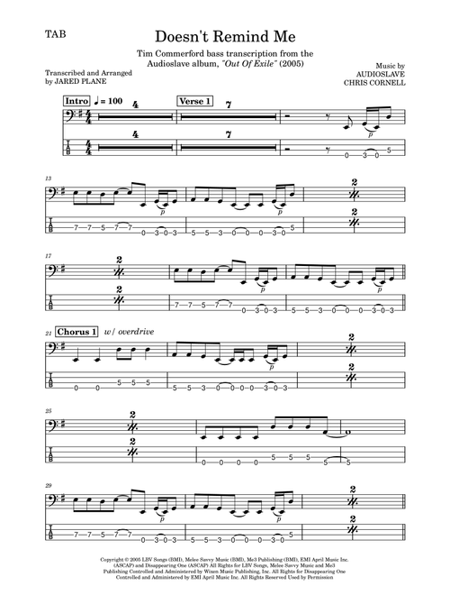 Doesn't Remind Me (Arr. Jared Plane) - Audioslave (Bass Tab)