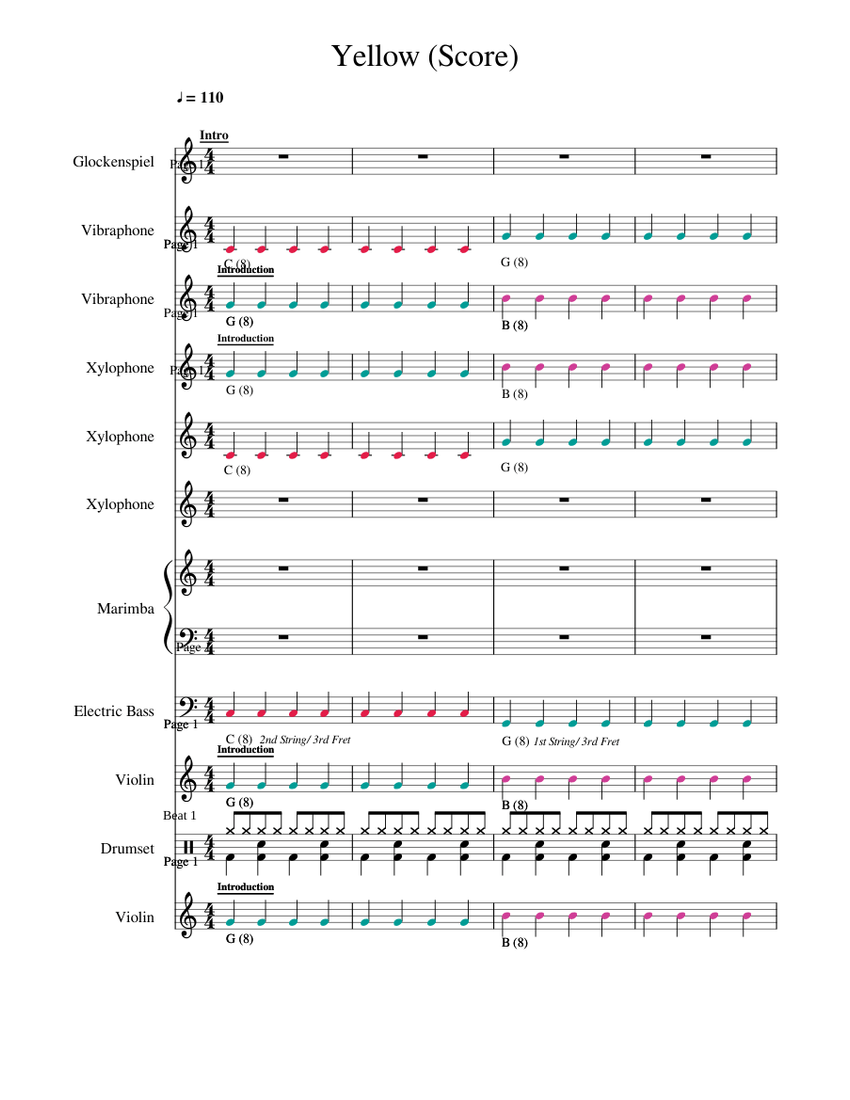 Yellow Score Singer Yellow (Score) 1/8/18 Sheet Music for Vibraphone, Glockenspiel, Violin ...