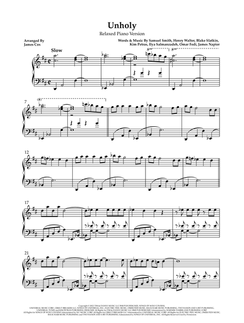 Unholy (Arr. James Cox) - Sam Smith Feat. Kim Petras (Piano Solo)