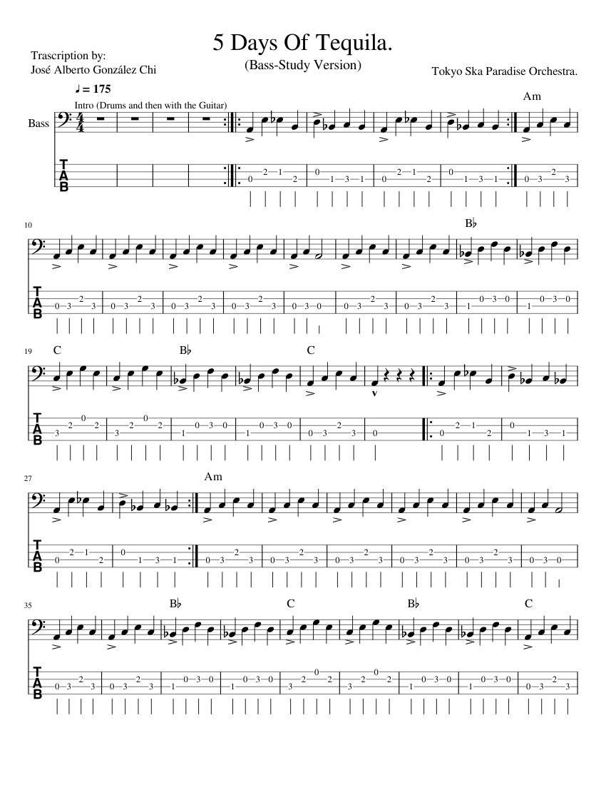 Tokyo Ska Paradise (5 Days Of Tequila) Sheet music for Bass Tokyo Ska Paradise (5 Days Of Tequila) Sheet music for Bass