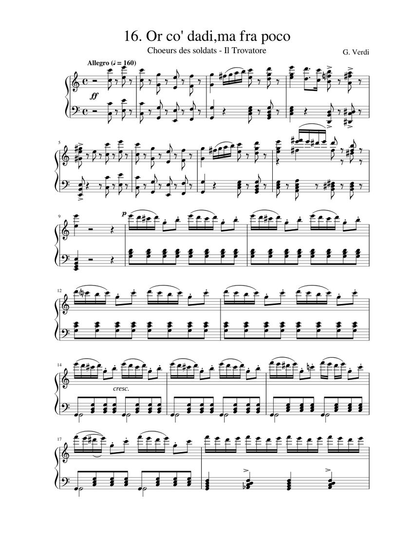 Verdi Il Trovatore 楽譜 トロヴァトーレ ヴェルディ Verdi, Il trovatore: Soldiers chorus (Act 3) Sheet Music for Tenor