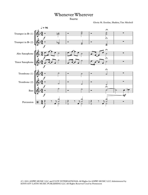 Whenever, Wherever (Arr. S J Welburn) - Shakira (Small Ensemble)