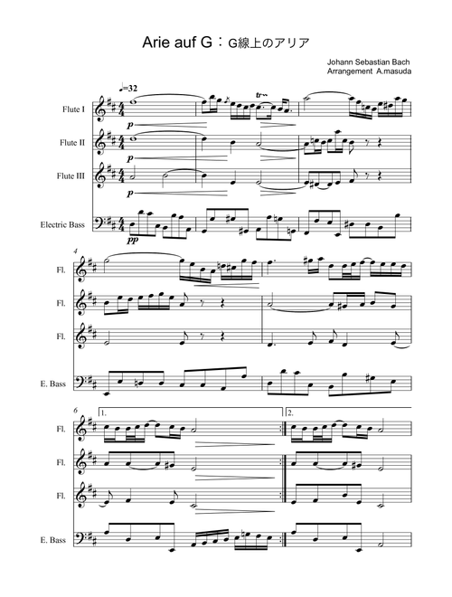 Air on the G String （Johann Sebastian Bach） For three flutes & Electric Bass (Arr. Akihiro Masuda) (Instrumental Duet)