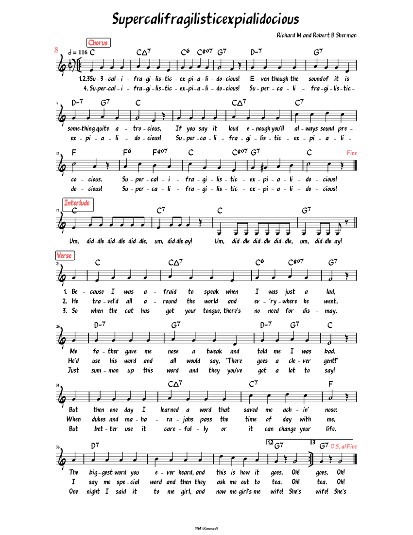 Supercalifragilisticexpialidocious (Lead Sheet with lyrics ) Sheet