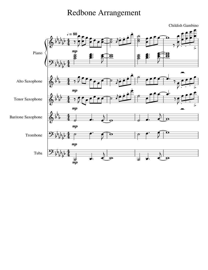 Redbone Arrangement Sheet music for Piano, Trombone, Tuba, Saxophone