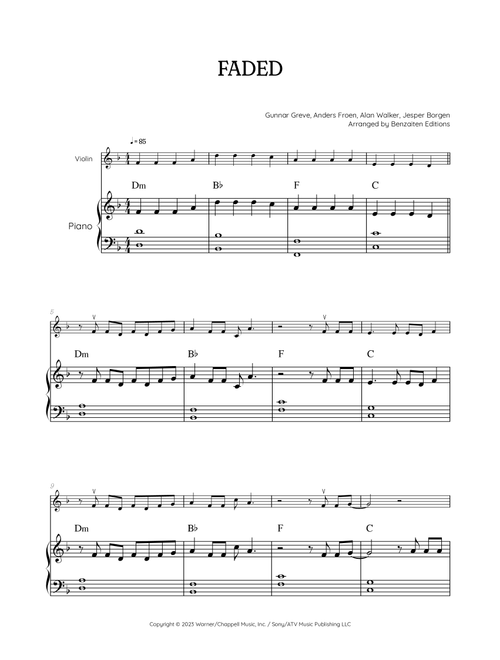 Faded (Arr. Benzaiten Editions) - Alan Walker (Violin and Piano)