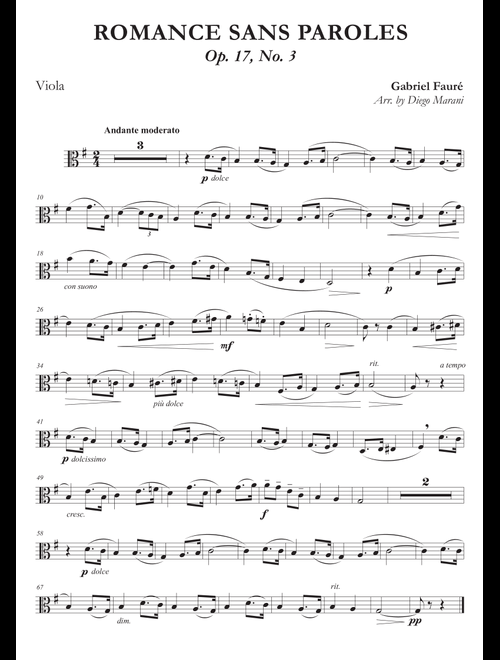 Romances Sans Paroles Op. 17, No. 3 for Viola and Piano (Arr. Diego Marani) - Gabriel Fauré (Viola and Piano)