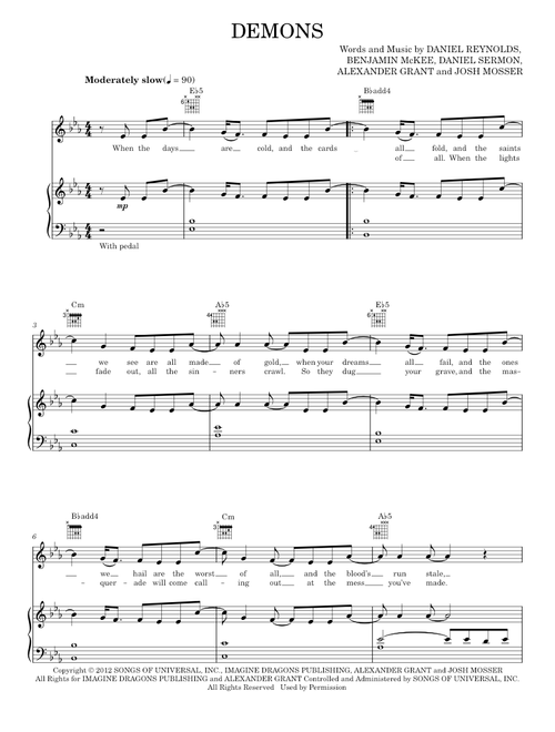 Demons - Imagine Dragons (Piano-Vocal-Guitar)