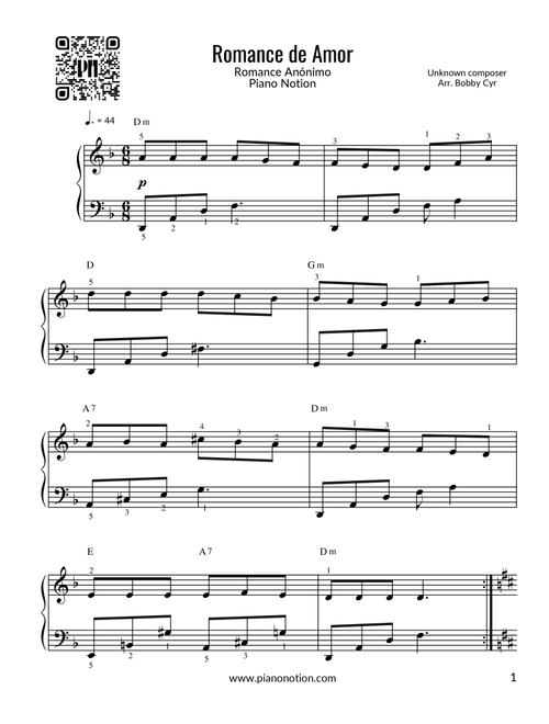 Romance de Amor - Romance Anónimo (Easy Piano) (Arr. Bobby Cyr) - Piano Notion (Easy Piano)