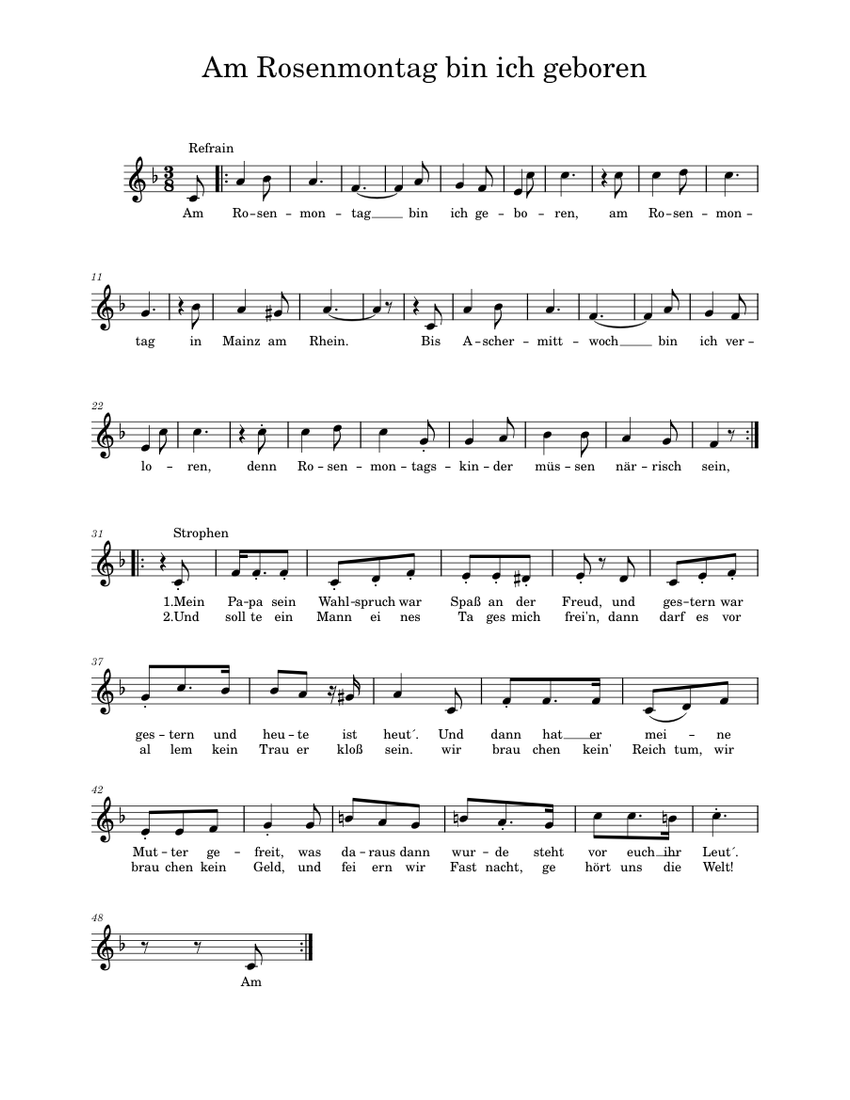 Am rosenmontag bin ich geboren Margit Sponheimer Sheet music for Vocals (A Capella Am rosenmontag bin ich geboren Margit Sponheimer Sheet music for Vocals (A Capella