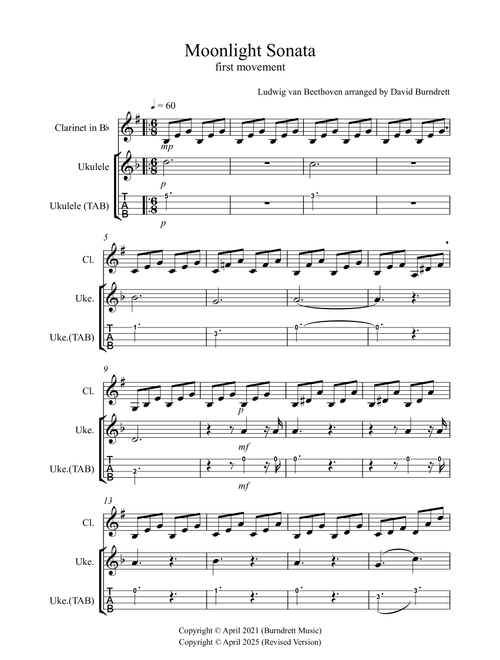 Moonlight Sonata (1st movement) for Clarinet and Ukulele Duet (Arr. David Burndrett) - Ludwig Van Beethoven (Instrumental Duet)