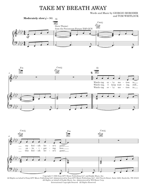 Take My Breath Away (Love Theme) - Berlin, Jessica Simpson (Piano-Vocal-Guitar)