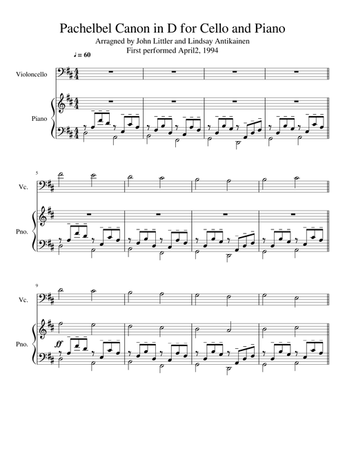 Pachelbel Canon in D for Cello and Piano