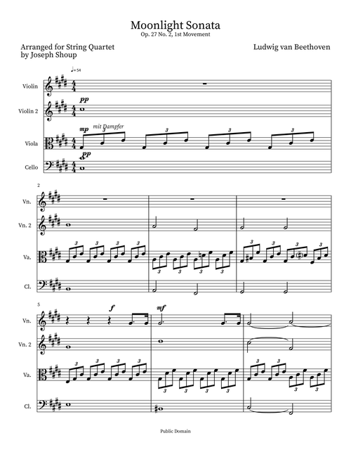 Op. 27 "Moonlight Sonata", Movement 1 for String Quartet (Arr. Joseph Shoup) - Ludwig van Beethoven (String Quartet)