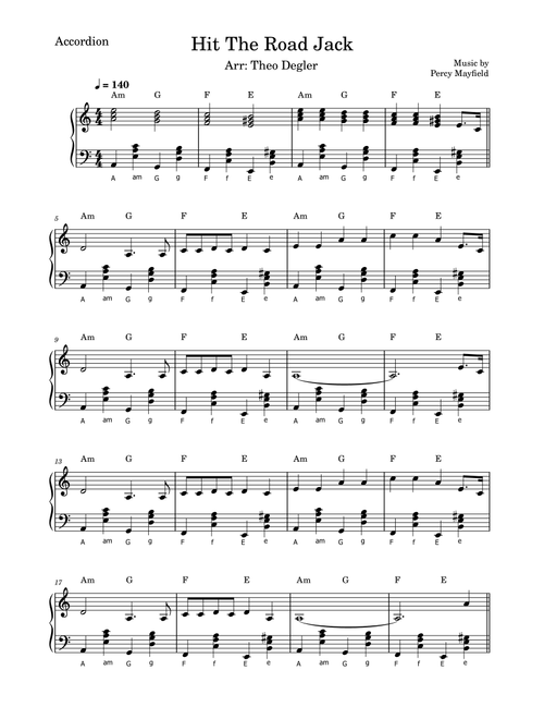 Hit The Road Jack (Arr. Theo Degler) - Percy Mayfield (Piano-Vocal-Guitar (Piano Accompaniment))