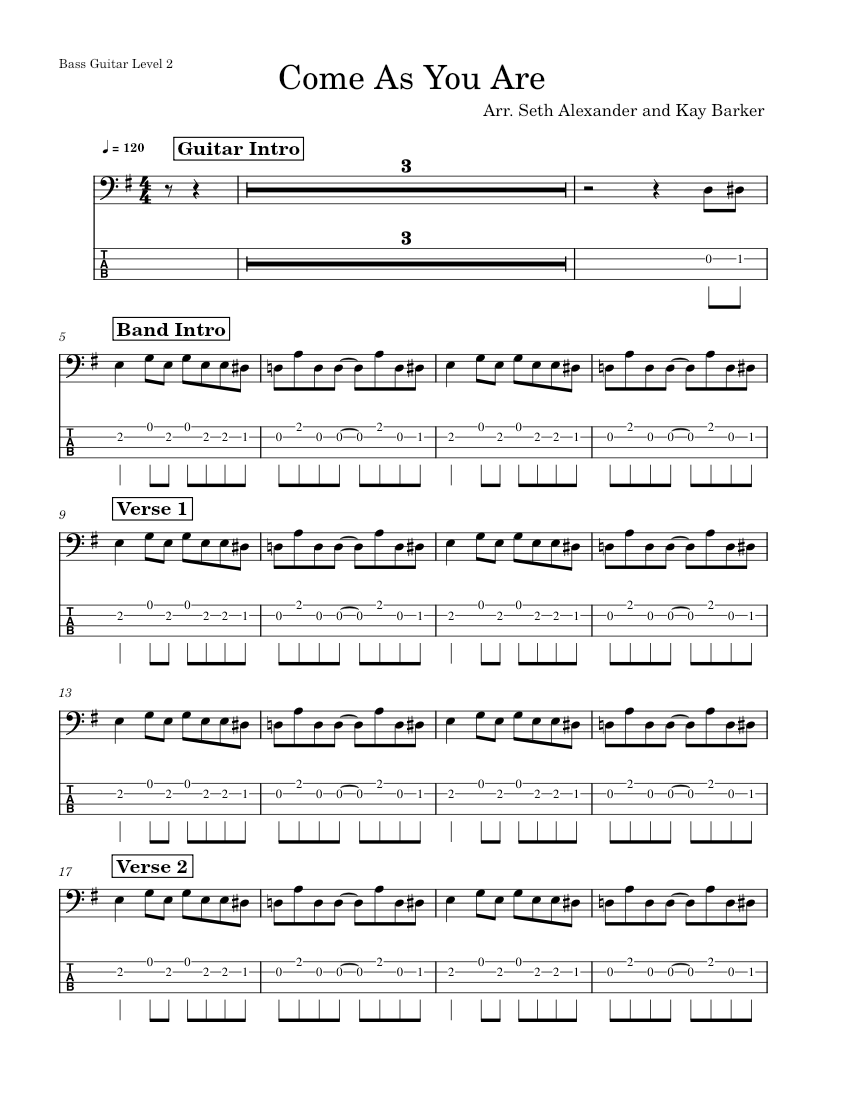 Come as you are – Nirvana - Bass Guitar Level 2 Sheet Music and
