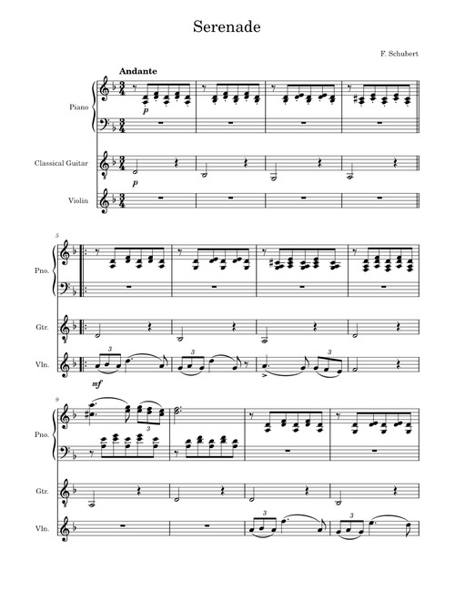Serenade (Ständchen) by F. Schubert for Piano, Classical Guitar and Violin