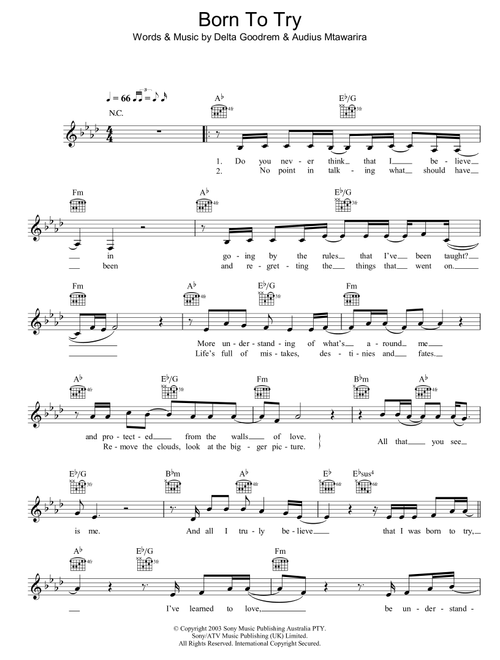 Born To Try - Delta Goodrem (Lead Sheet - Fake Book)