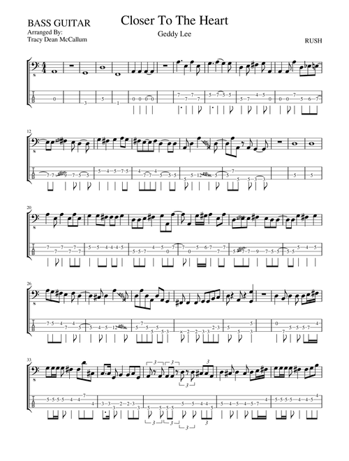 Closer To The Heart (Arr. Tracy Dean McCallum) - Rush (Bass Tab)