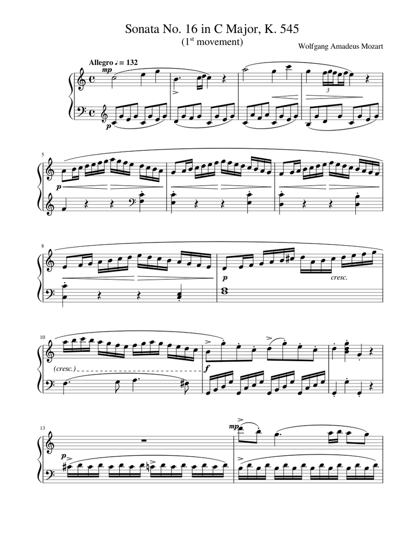 Sonata No. 16 K. 545 (1st movement) Sheet Music for Piano (Solo ...