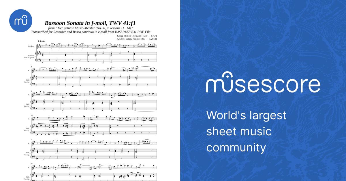Telemann G. P. Bassoon Sonata f moll TWV 41 f1 Rec BC e moll Sheet music for Harpsichord Recorder Mixed Trio Musescore