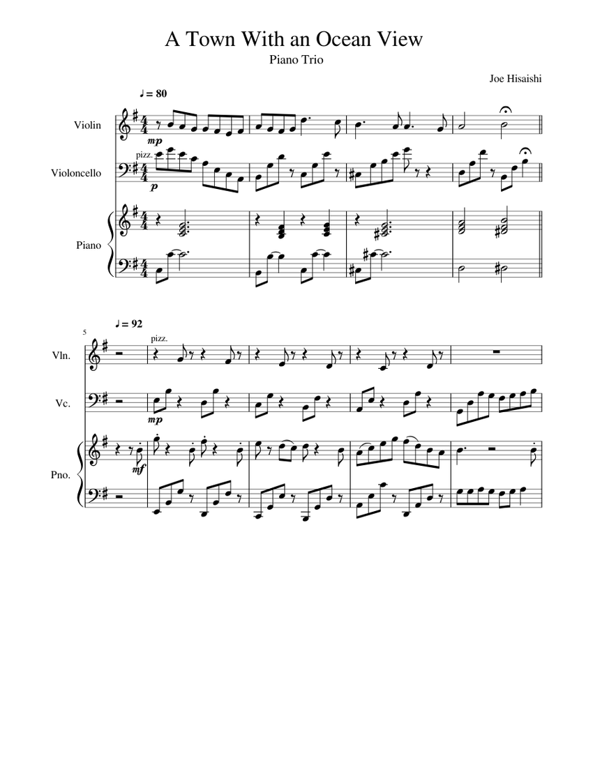 A Town With an Ocean View Sheet Music for Piano, Violin, Cello