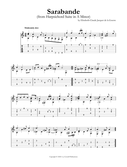 Sarabande (from Harpsichord Suite in A Minor) (Arr. Mark Phillips) - Elisabeth-Claude Jacquet de la Guerre (Guitar Tab)