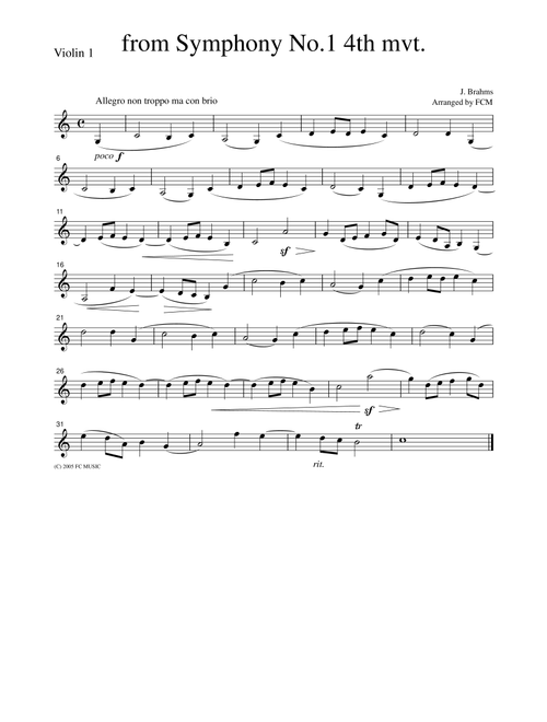 Brahms  from Symphony No.1, 4th mvt., for string quartet, CB305 (Arr. FCMUSIC) (String Quartet)