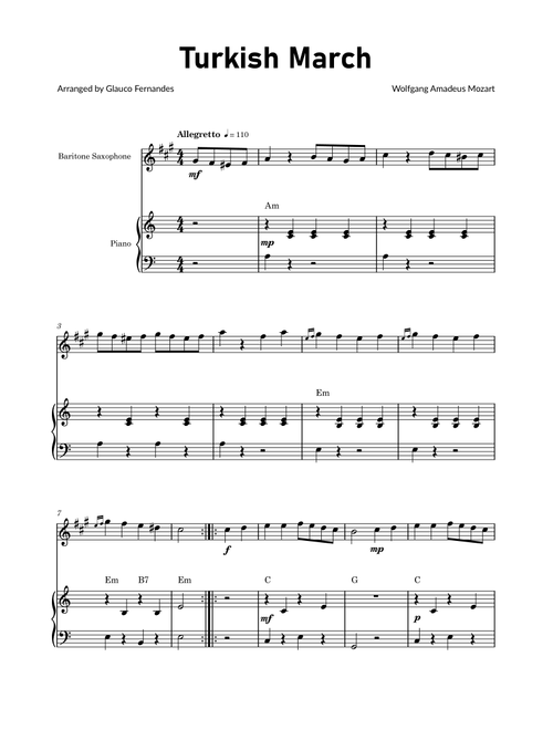 Turkish March by Mozart - Baritone Saxophone and Piano with Chord Notations (Arr. Glauco Fernandes) - Wolfgang Amadeus Mozart (Baritone Sax and Piano)