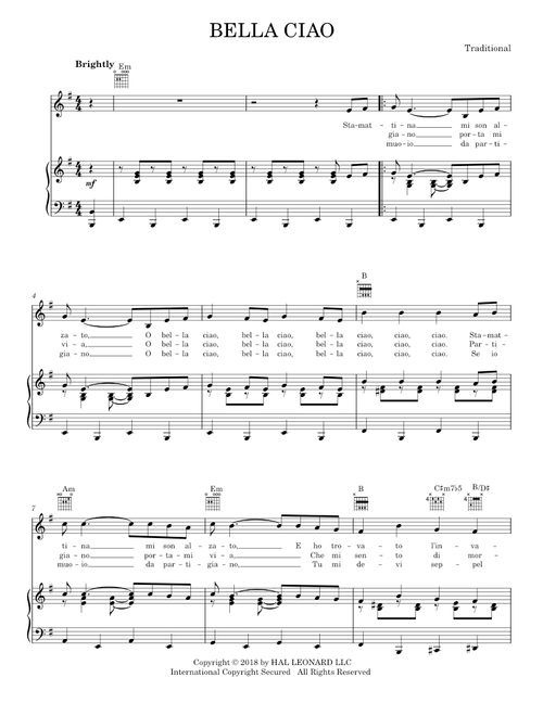 Bella ciao (Piano-Vocal-Guitar)